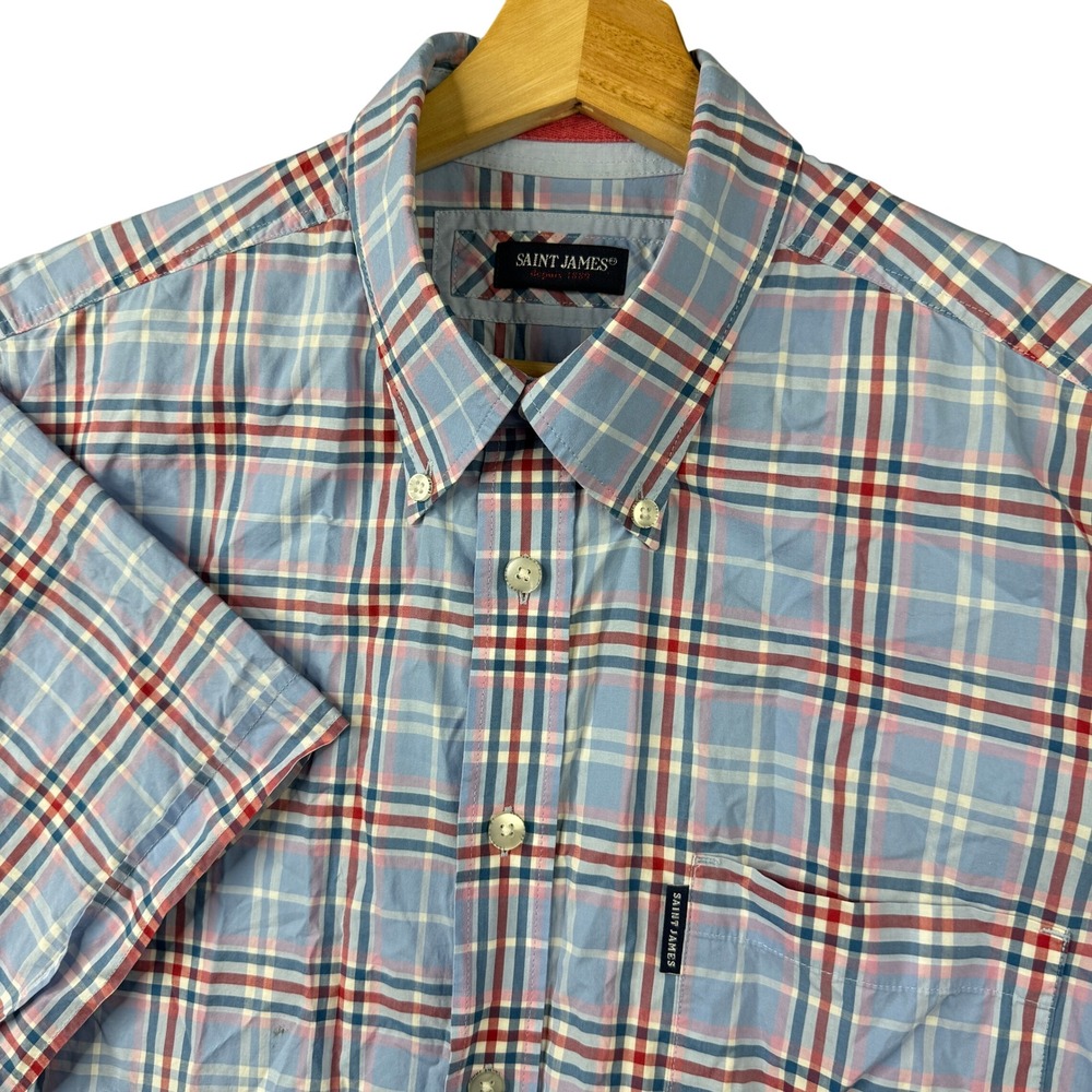 Saint James Mens Short Sleeve Plaid Button Down Cotton Shirt Blue Red White